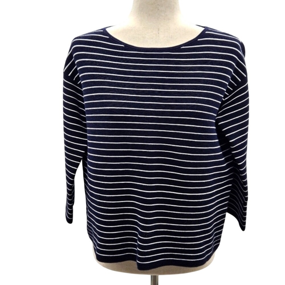 Uniqlo Womens Navy‎ White Striped Boat Neck Cotton Blend Ribbed Sweater Medium